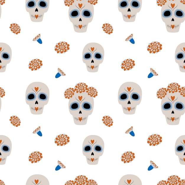 Dia de los muertos Mexico Seamless pattern to Day of the Dead from Sugar Skull and flower Isolate