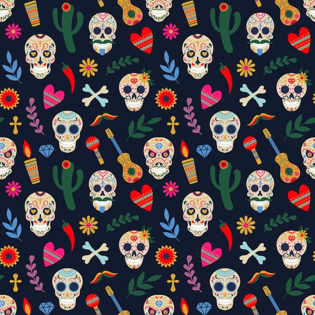 Dia de los muertos pattern. Day of the dead mexican floral sugar human head bones vector illustration. Dead day holiday seamless pattern. Decoration mexican halloween with floral skull and guitar