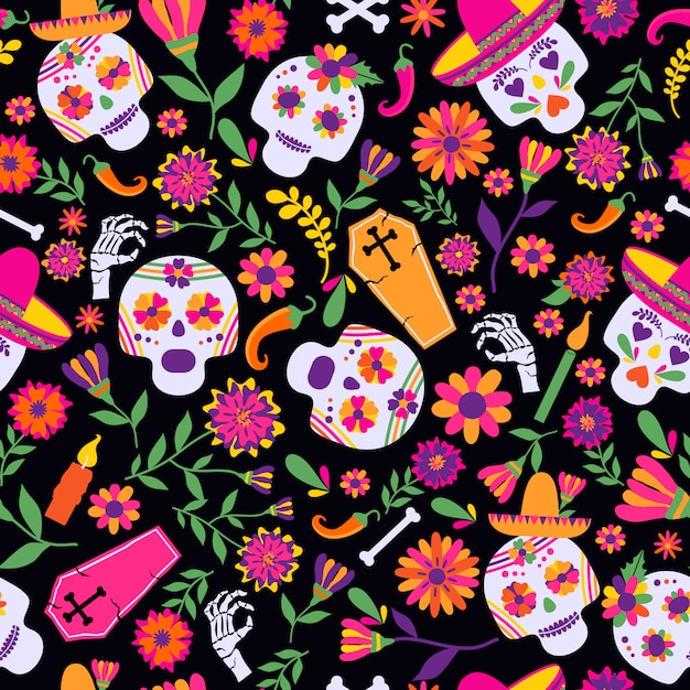 Dia de los muertos seamless vector pattern. The main symbols of the holiday on the dark ba