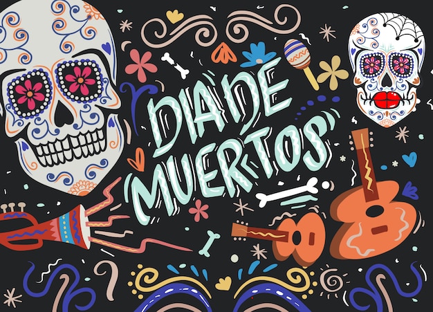 Dia de muertos, Day of the dead, Mexican sugar skull with instrument