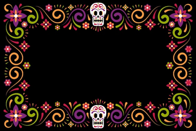 Dia de muertos Holiday flower frame with sugar skull Day of dead mexican carnival celebration