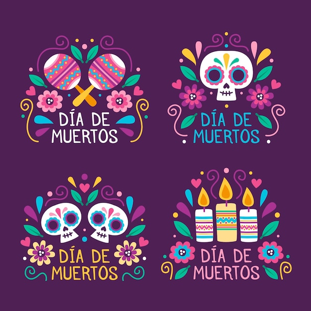 Día de muertos label collection in flat design