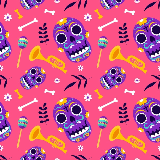 Vector dia de muertos seamless pattern illustration with day of the dead and skeleton element