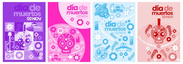 Dia des los muertos collection vector set with sombrero flower skull bone isolated transparent