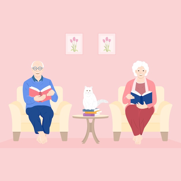 Dia dos avós concept. Grandparents reading books at the living room with the white cat.