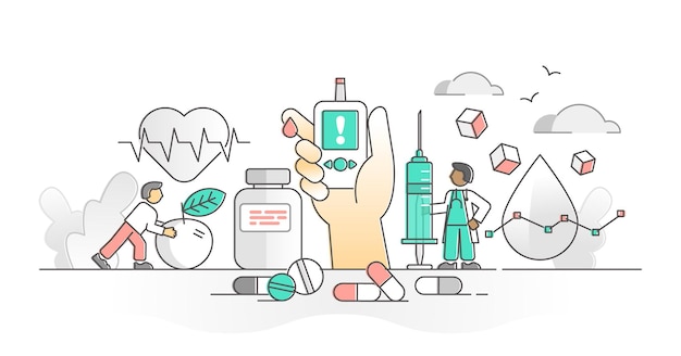 Diabetes as blood sugar level control with insulin monocolor outline concept. Glucose from food measurement with medical needle vector illustration. Health diagnosis and chronic disease measurement.