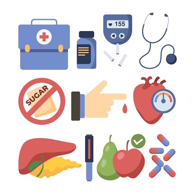 Diabetes flat vector elements set. Diabetes equipment icon collection. healthcare prevention concept