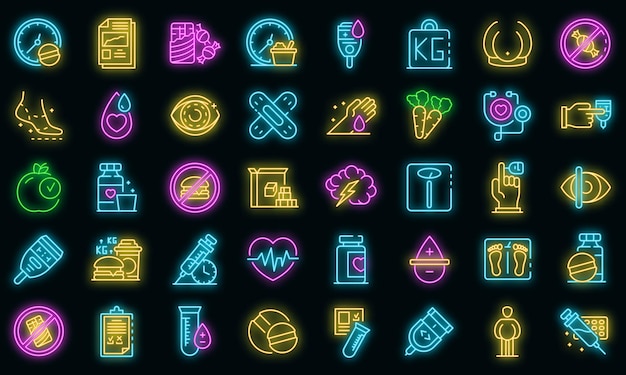 Diabetes icons set. Outline set of diabetes vector icons neon color on black