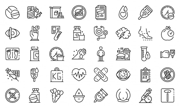 Diabetes icons set, outline style