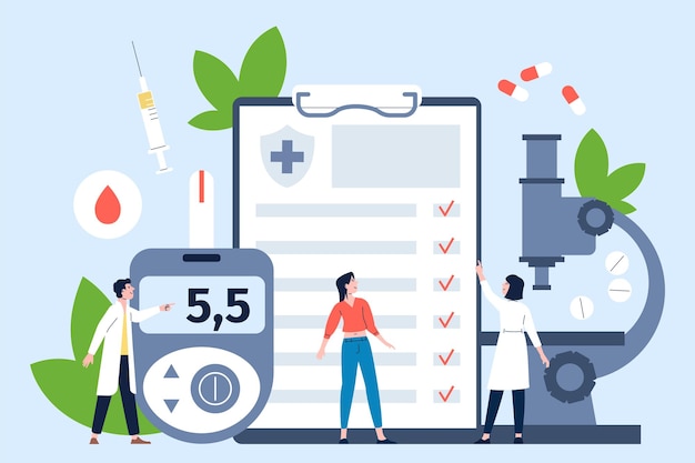 Diabetes mellitus medical concept with equipment sugar blood test and cartoon doctors with patient Diabetic check up recent disease prevention vector Medical diabetes and diagnostic illustraton