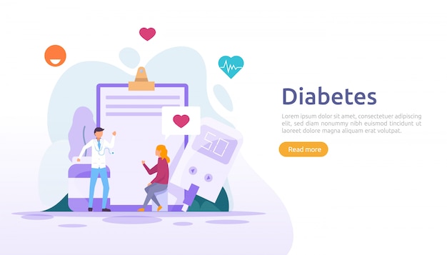 Diabetes mellitus monitoring concept. sugar level blood measures with glucose testing meter. insulin injection treatment and diet control therapy. illustration template for web landing page