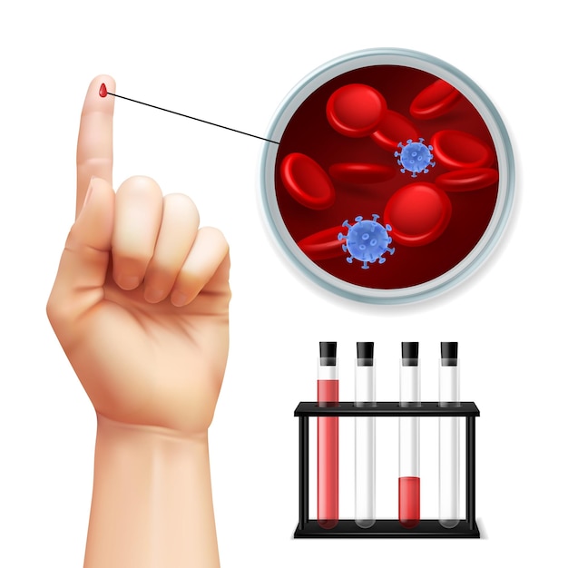 Diagnostics Virus search Person takes blood test from finger Medical laboratory analysis Lab tubes with red liquid Magnifying circle with pathogen and bloody cells Vector concept