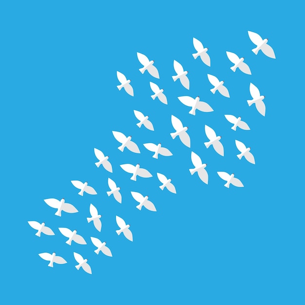 Diagonal arrow of white birds in flight flying upwards in blue sky. Growth, hope, faith, purpose, goal, teamwork, leadership, business vision and motivation concept. EPS 8 vector, no transparency