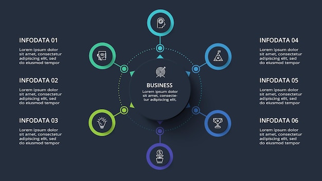 Diagram concept for infographic with 6 steps options parts or processes Template for web on a black background