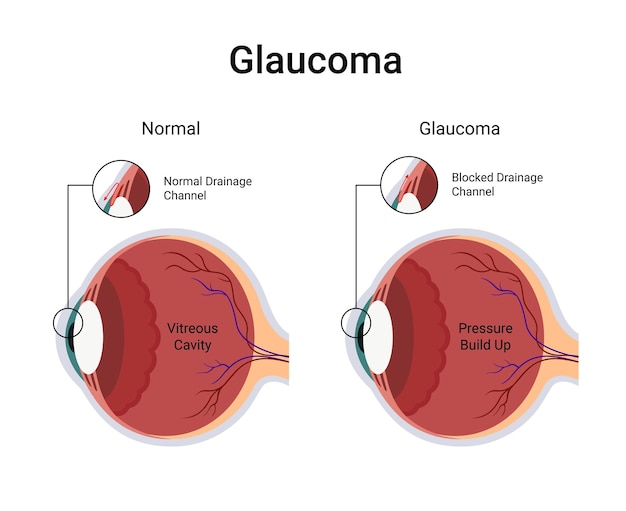 Diagram of glaucoma affected human eye and normal eye