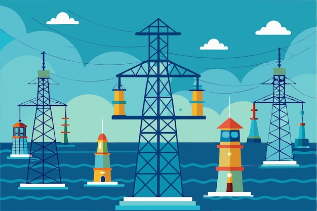 Vector the diagram illustrates various types of power towers positioned over tranquil ocean waters with clouds in the background