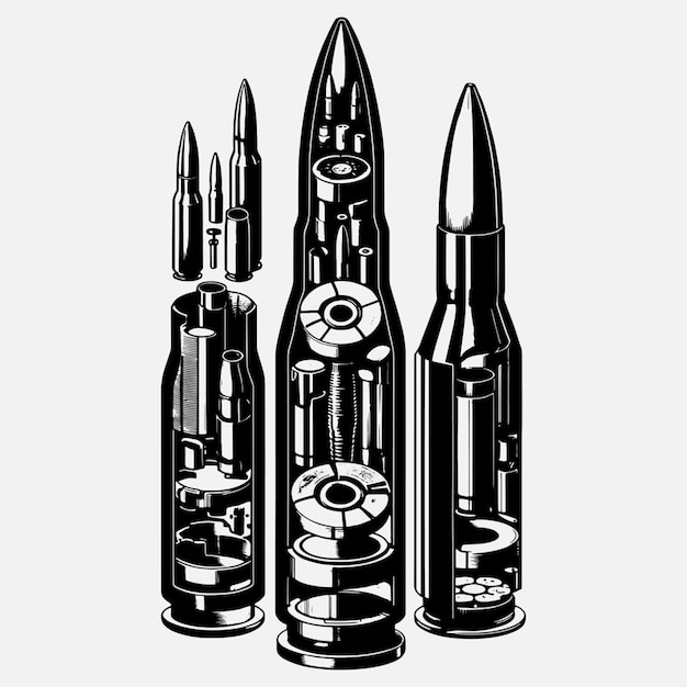 A diagram like illustration showing a bullet disassembled