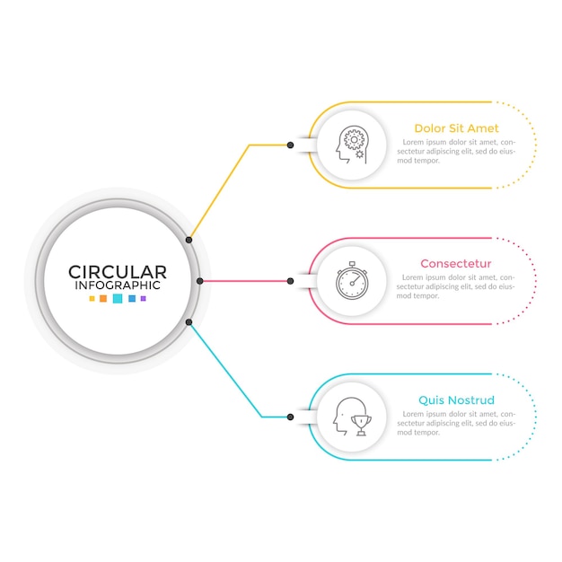 Diagram with 3 elements connected to main circle. Concept of three features or stages of business process. Linear infographic design template. Modern vector illustration for presentation, report.