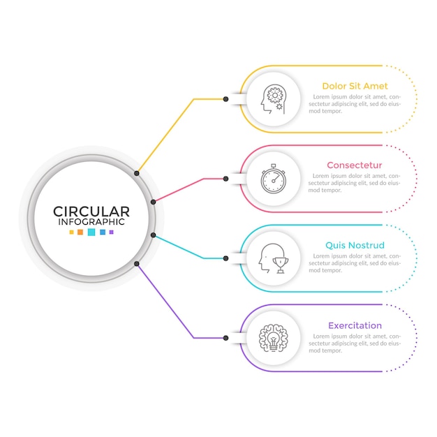 Diagram with 4 elements connected to main circle. Concept of four features or stages of business process. Linear infographic design template. Modern vector illustration for presentation, report.