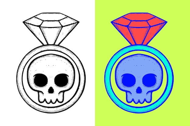 Diamond ring and skull Illustration hand drawn cartoon vintage style vector