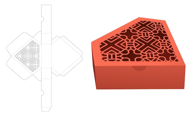 Diamond shaped flip box with stenciled pattern die cut template and 3D mockup