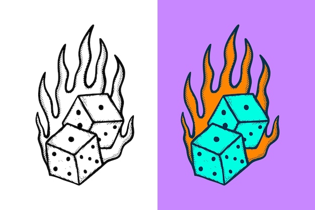 Dice fire Illustration hand drawn cartoon vintage style vector