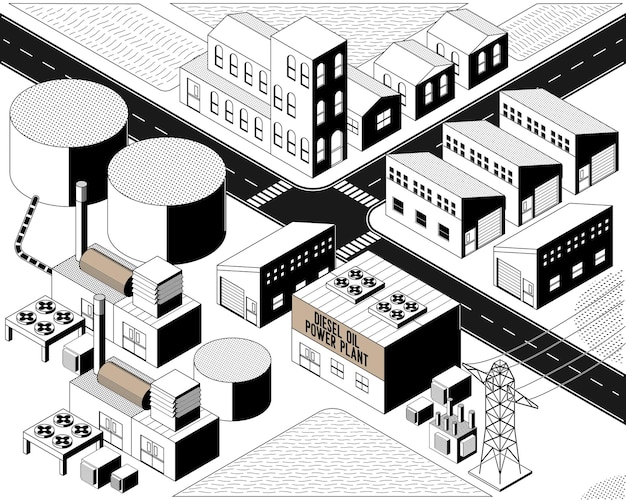 Diesel oil energy, diesel oil power plant with isometric graphic black and white color