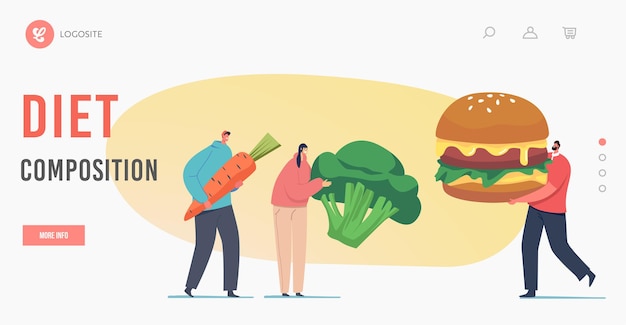 Diet Composition Landing Page Template. Meat Eater vs Vegetarian Meals Choice. Tiny Characters with Huge Carrot, Broccoli and Burger. Healthy and Unhealthy Food. Cartoon People Vector Illustration