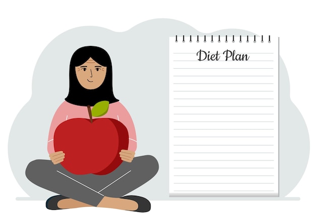 Diet plan illustration A woman sits crosslegged and holds a large red apple The concept of diet food meal planning nutrition consultation