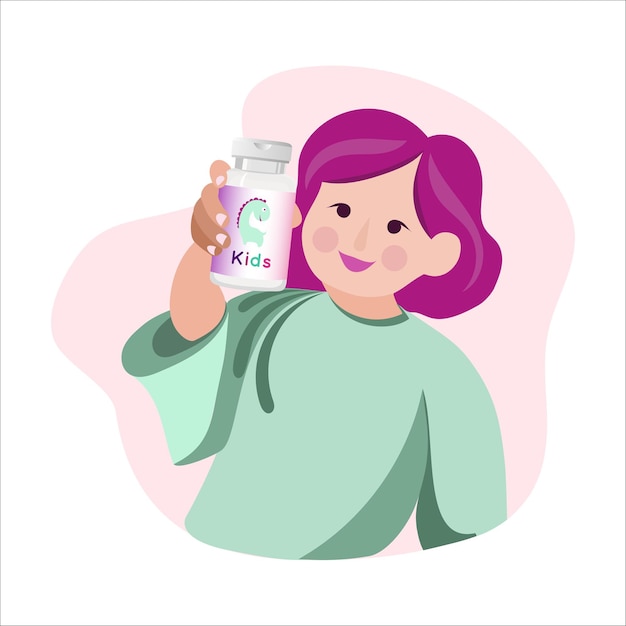 Dietary kids supplements, Child, Girl with vitamins, bottle of medicines, Kids daily support. Vector