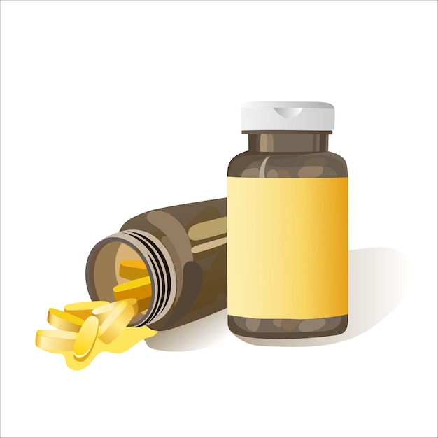 Dietary supplements, glass bottle with medicines, pills. Daily vitamins. Vector illustration.