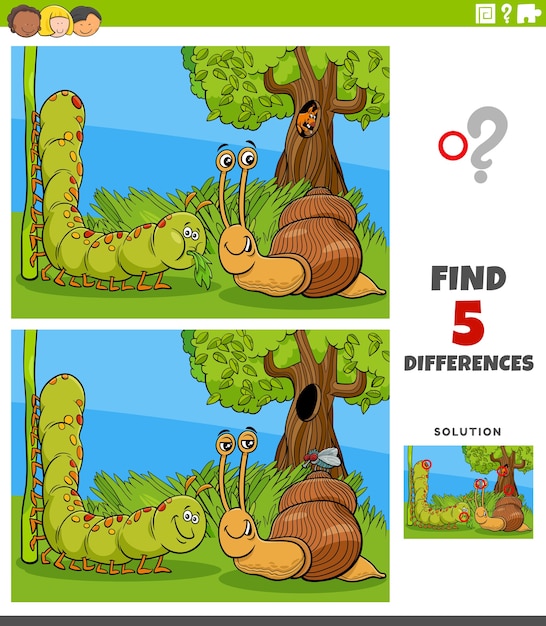 differences educational task for kids with caterpillar snail and fly