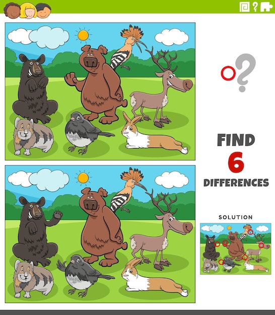 differences game for children with cartoon animal characters group