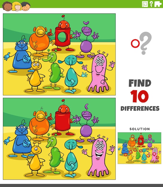 Differences game with cartoon aliens or monsters group