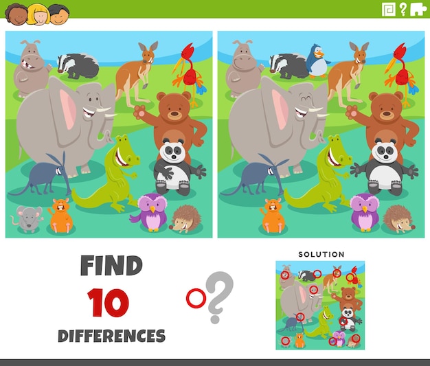 Differences game with cartoon animal characters group