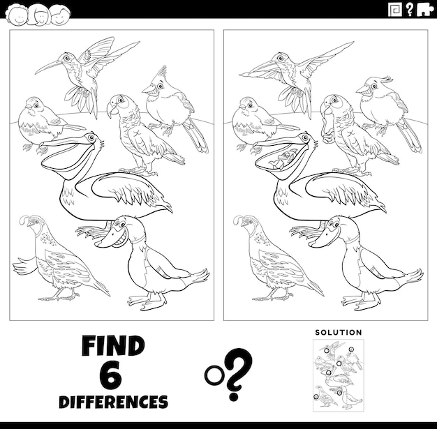 Differences game with cartoon birds animals coloring page