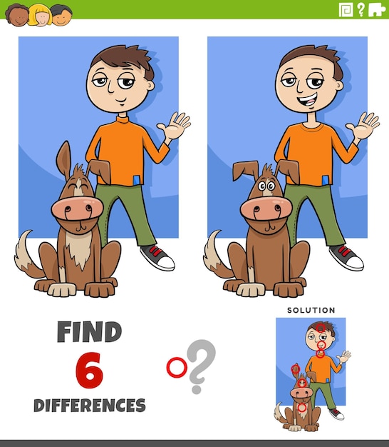 Differences game with cartoon boy and his dog