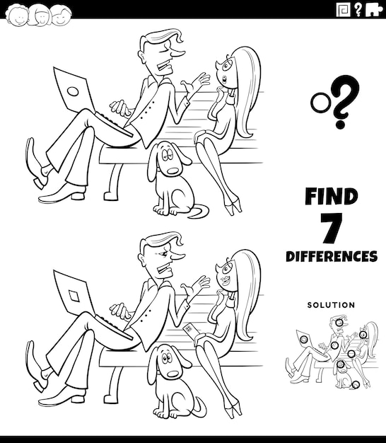 Differences game with cartoon couple in the park coloring page