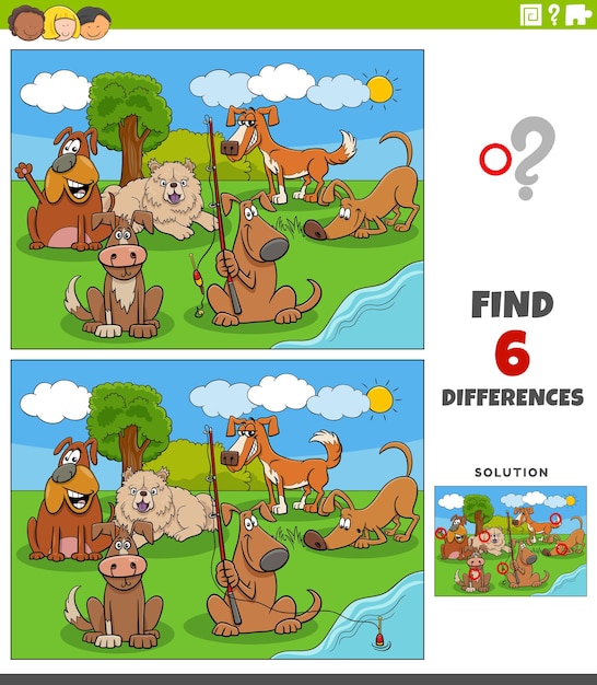 Differences game with cartoon dogs animal characters group