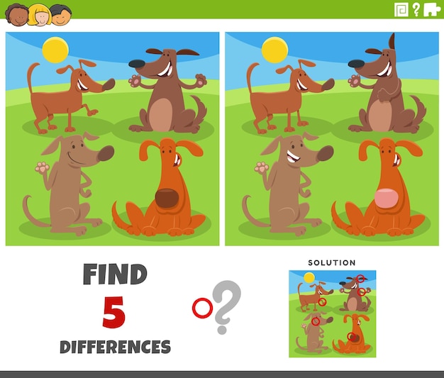 Differences game with cartoon dogs animal characters