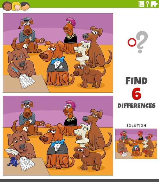 Differences game with cartoon dogs animal characters