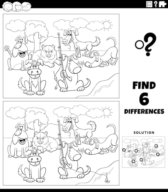 Differences game with cartoon dogs coloring book page