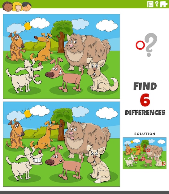 Differences game with cartoon dogs group in the park