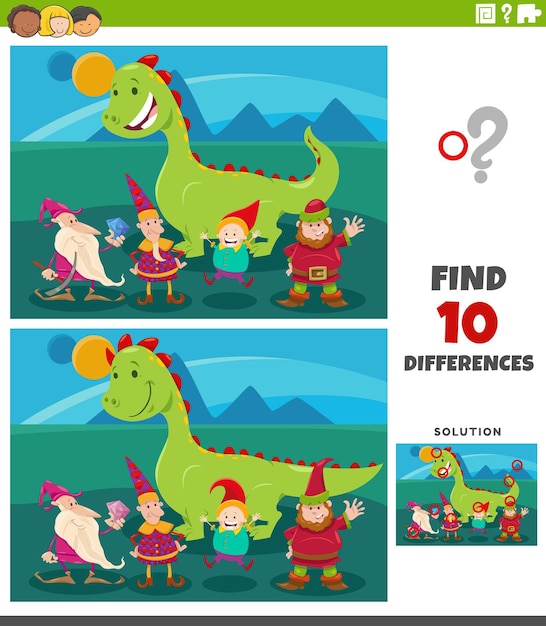 Differences game with cartoon fantasy characters