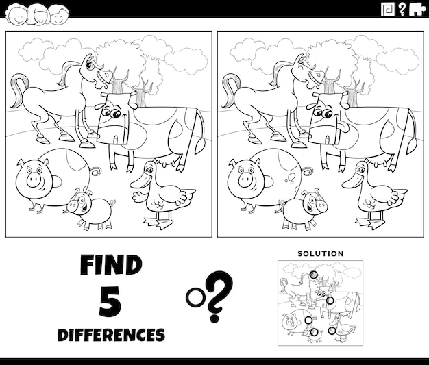 Differences game with cartoon farm animals coloring page