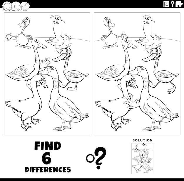 Differences game with cartoon geese coloring page