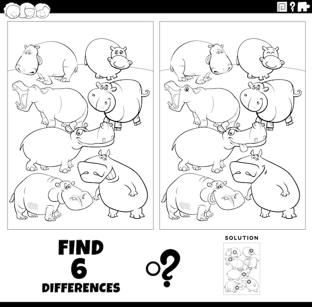 Differences game with cartoon hippos coloring page