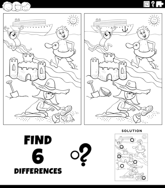 Differences game with cartoon kids on the beach coloring page