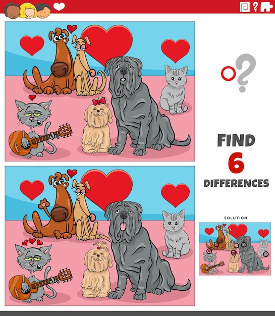 differences game with cartoon pets in love on Valentines Day