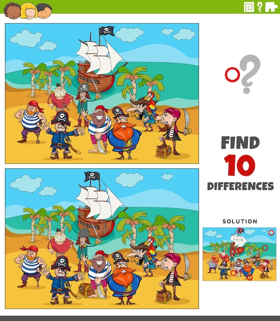 Differences game with cartoon pirates on treasure island